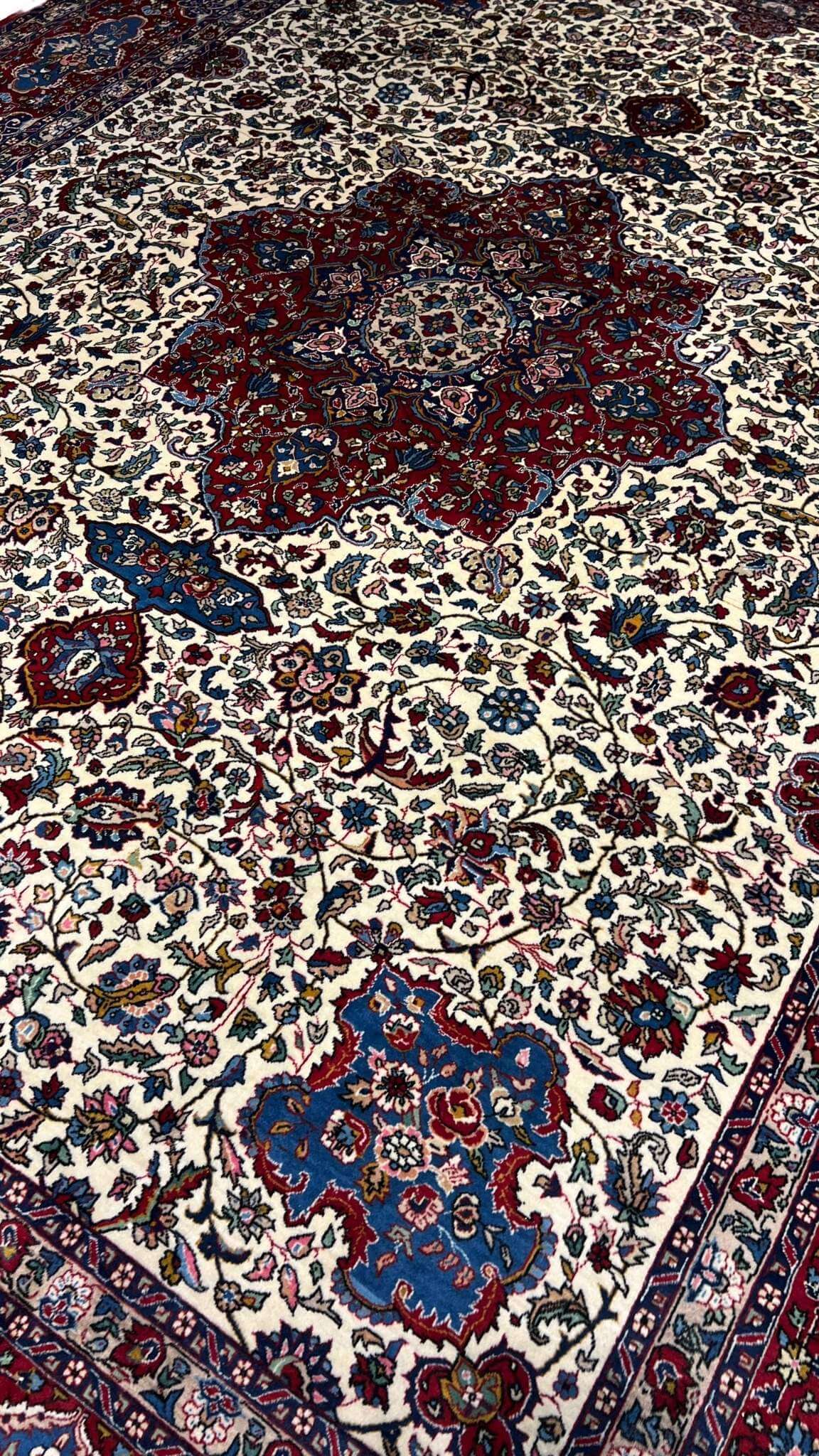 "Floral motif Persian rug with silk and wool, natural dyed antique piece"